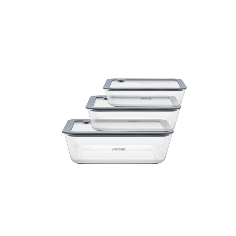 Juego de 3 tuppers de Vidrio Tramontina Vittra Rectangulares con Tapa Hermética de Silicona 64220/770 Juego de 3 tuppers de Vidrio Tramontina Vittra Rectangulares con Tapa Hermética de Silicona 64220/770