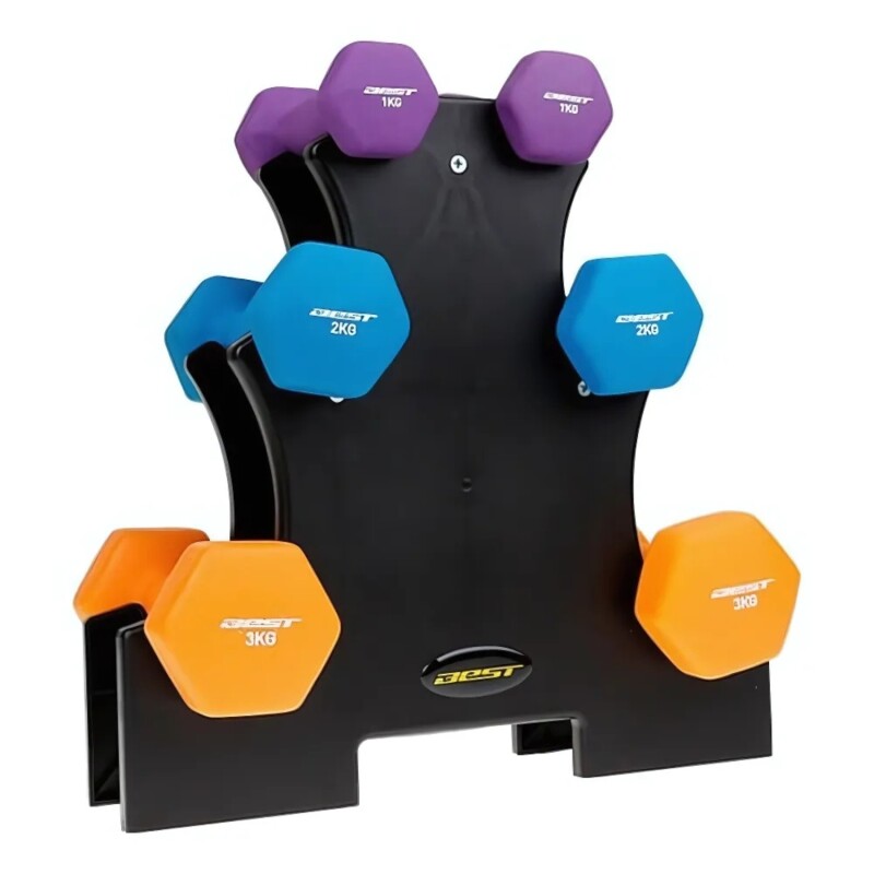 Set de Mancuernas con stand negro peso total 12kg Best Rosa/Celeste/Rojo