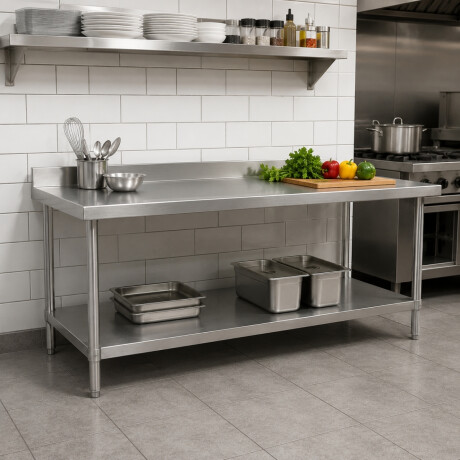 Mesada de Trabajo con Estante y Respaldo de Acero Inoxidable 200 x 60 x 85 cm Mesada de Trabajo con Estante y Respaldo de Acero Inoxidable 200 x 60 x 85 cm