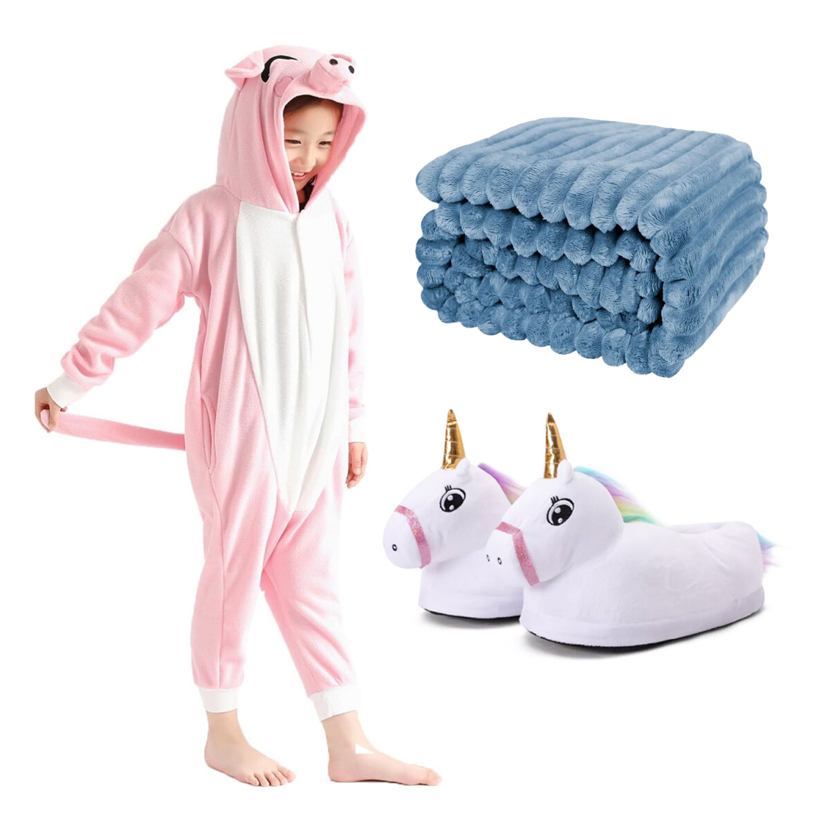 Set Infantil Pijama Entero Cerdito + Pantuflas + Manta 1Pza - Rosa/blanco 