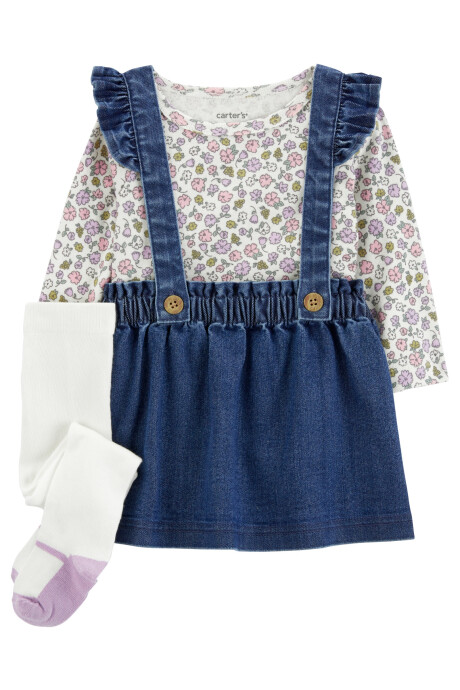 Set tres piezas, jumper jean, remera y medias de algodón Set tres piezas, jumper jean, remera y medias de algodón