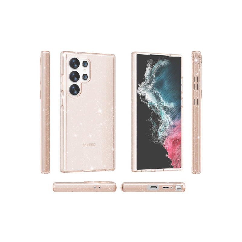Protector rígido Samsung Galaxy S24 transparente dorado con brillos Protector Rígido Samsung Galaxy S24 Transparente Dorado Con Brillos