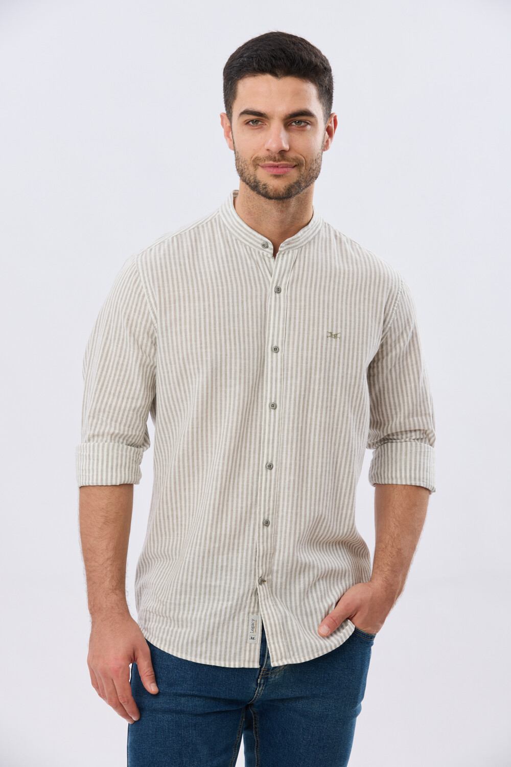 CAMISA RAYADA DE LINO CUELLO MAO Verde