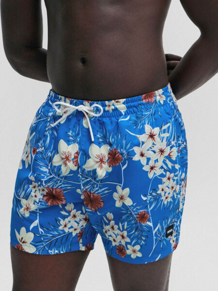 Hugo Boss - Shorts de baño de secado rápido con estampado tropical y placa con logo, PIRANHA Azul