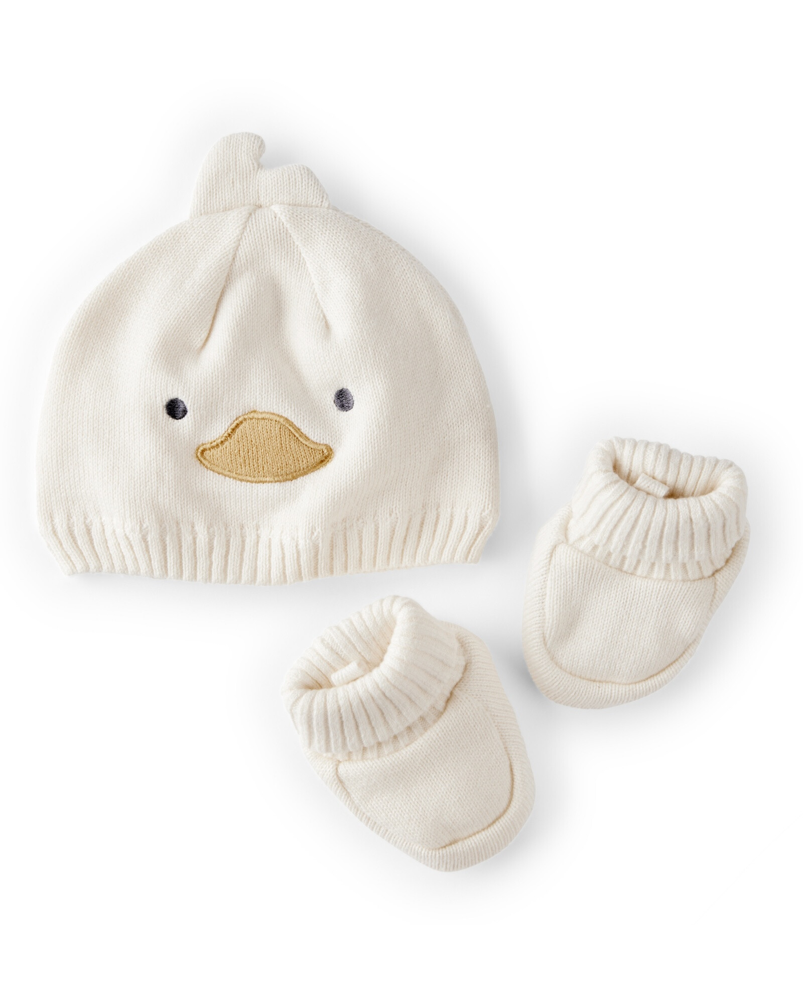 Gorro y escarpines de algodón, diseño patito Gorro y escarpines de algodón, diseño patito