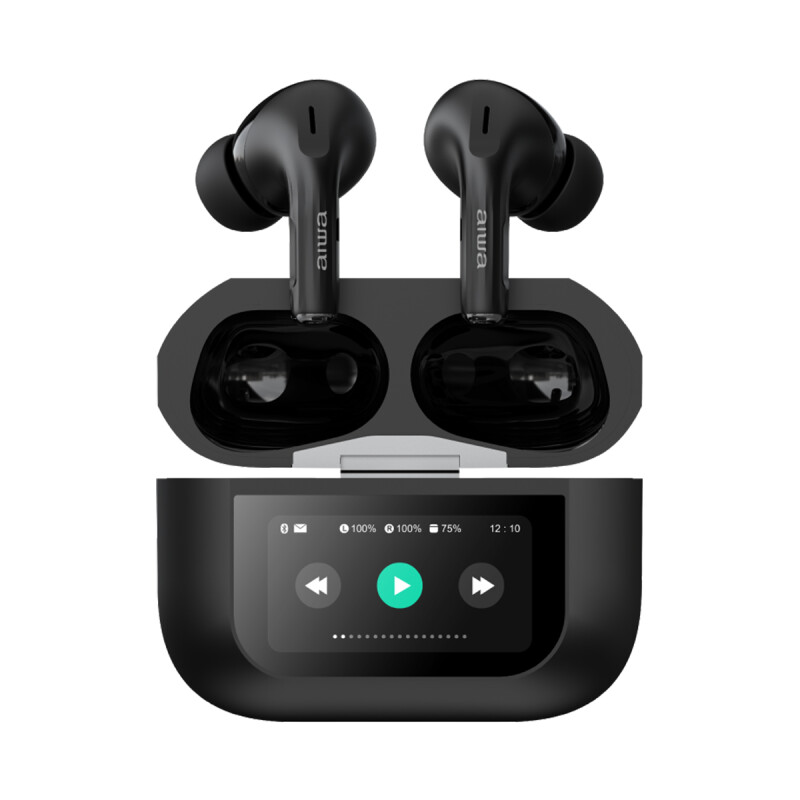 Auriculares TWS Waterpoof AIWA con Pantalla Táctil Bluetooth 5.3 Cancelación de Ruido y Micrófono Negro | AWTWSGPROB