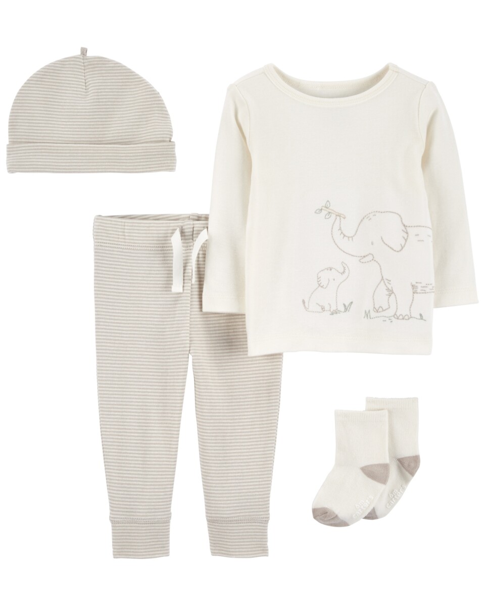 Set cuatro piezas de algodón, pantalón, remera, medias y gorro, diseño elefante 