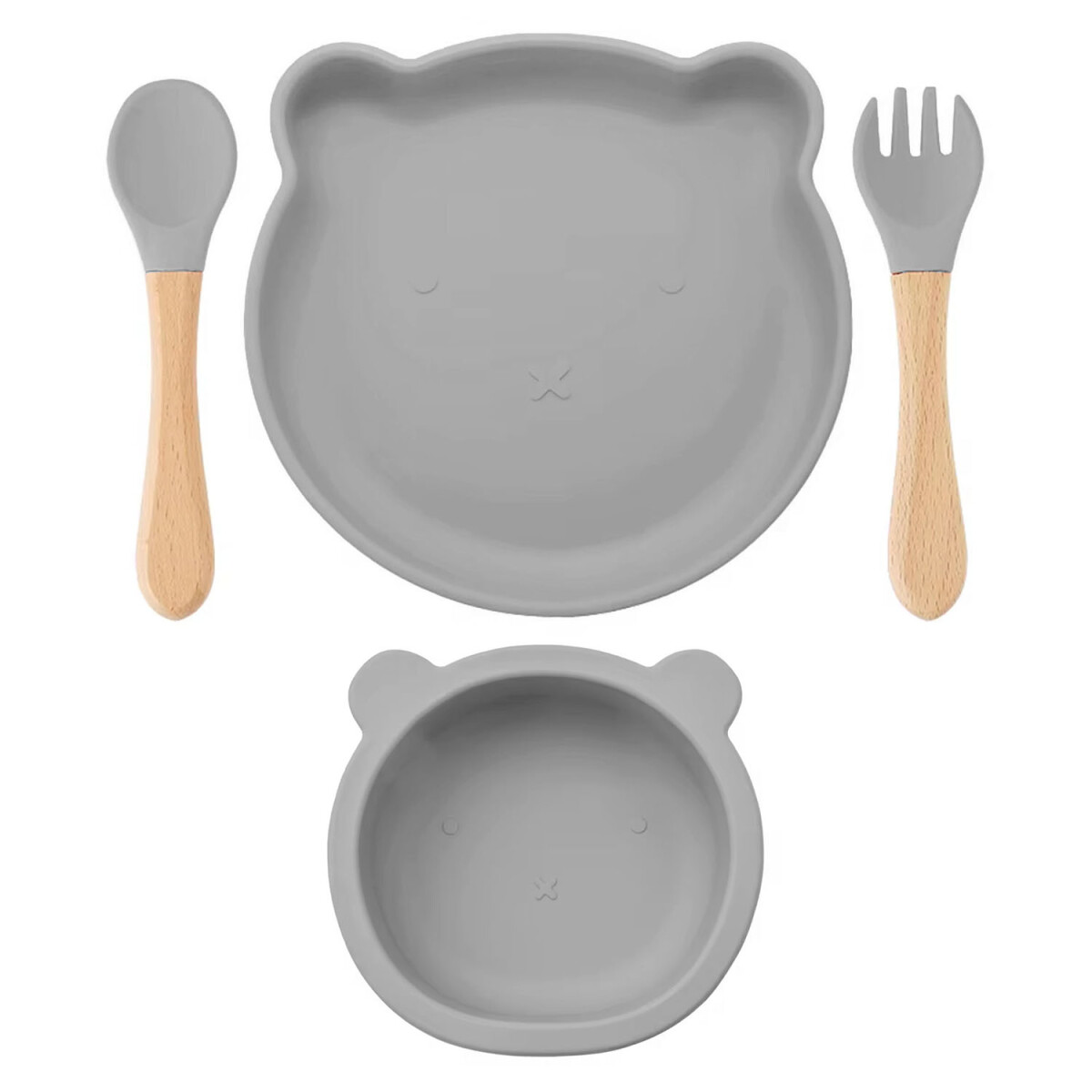 Set Comida Bebé Silicona Plato y Bowl Oso + Cuchara Tenedor - Gris 