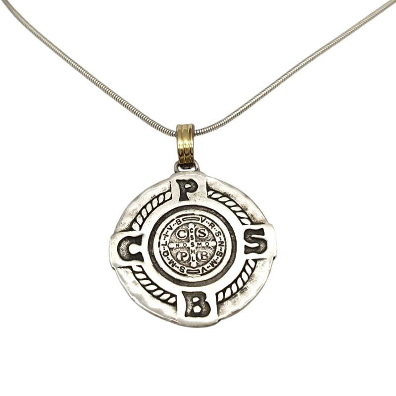Dije Medalla Cruz San Benito Doble imagen-Plata y oro- Sin piedra- CP5405 sinpiedra