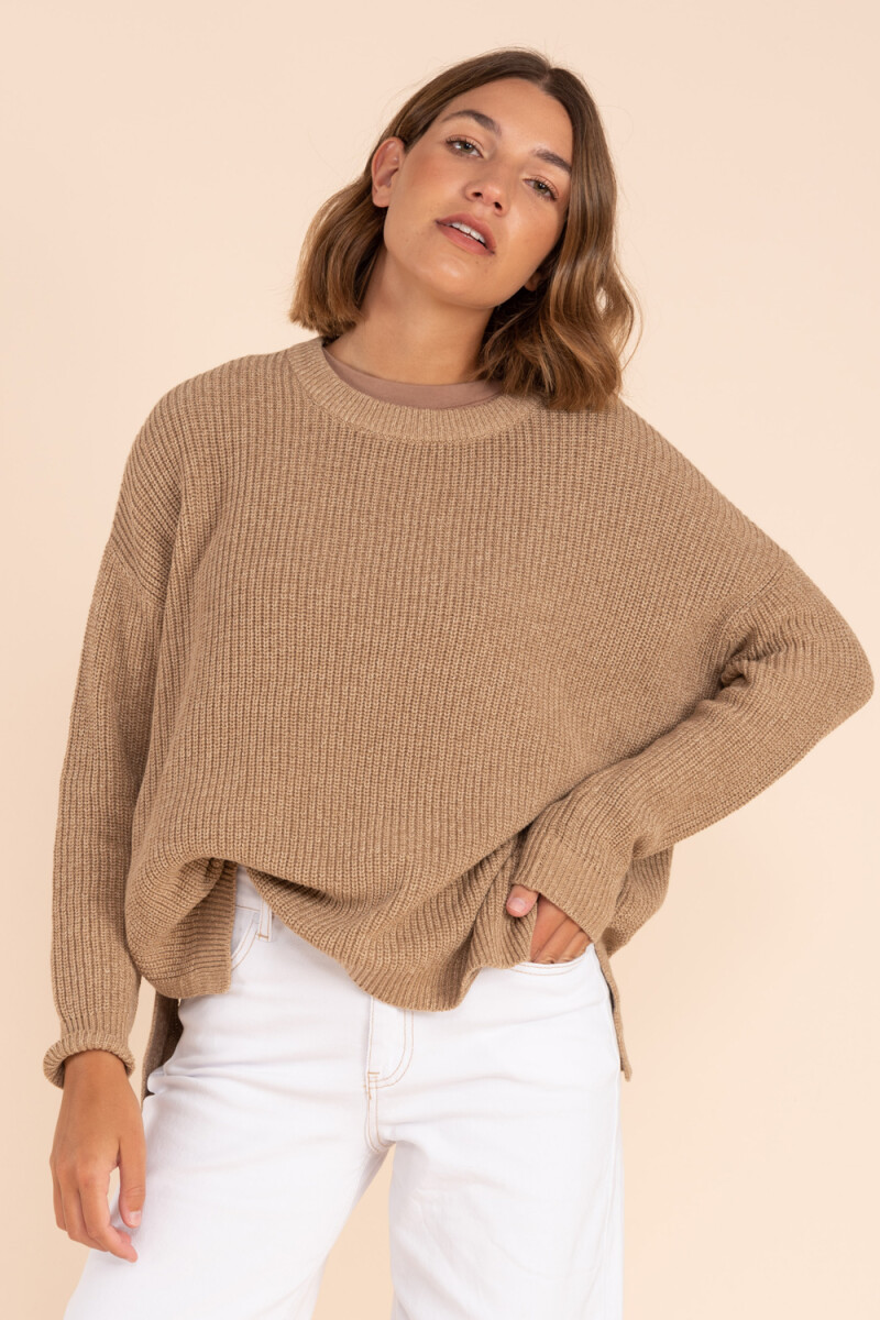 Sweater tejido cuello redondo - Tostado 