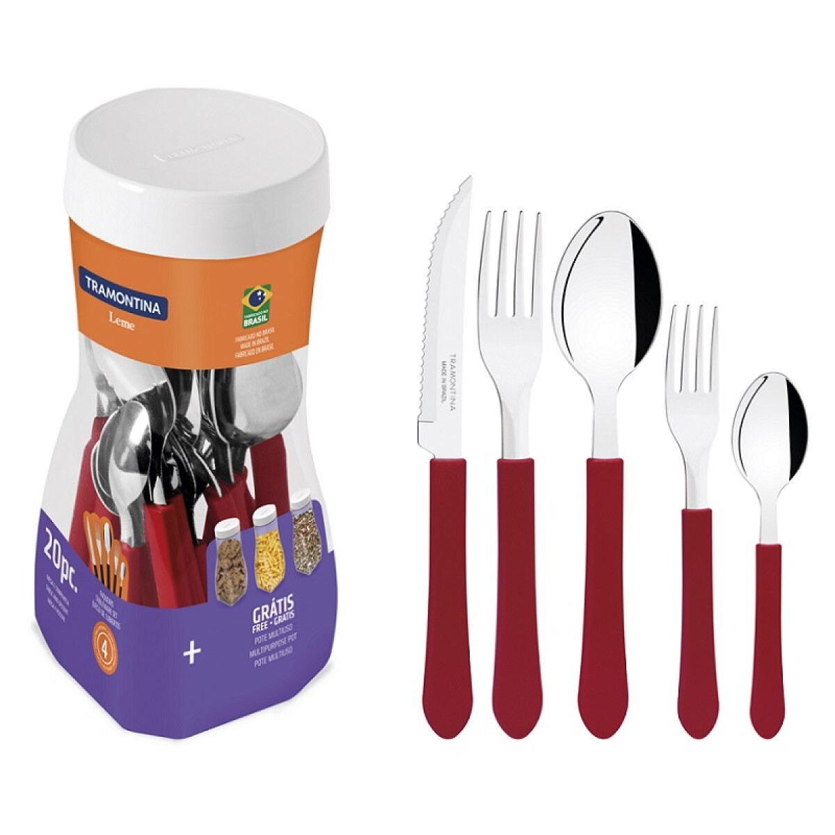 Juego de cubiertos rojos (pote 20 piezas) "Leme" -TRAMONTINA - TN7646 