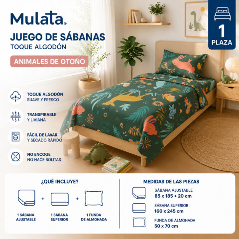 Juego De Sabanas 1 Plaza Toque Algodón Sommier Infantil - Animales de Otoño Juego De Sabanas 1 Plaza Toque Algodón Sommier Infantil - Animales de Otoño