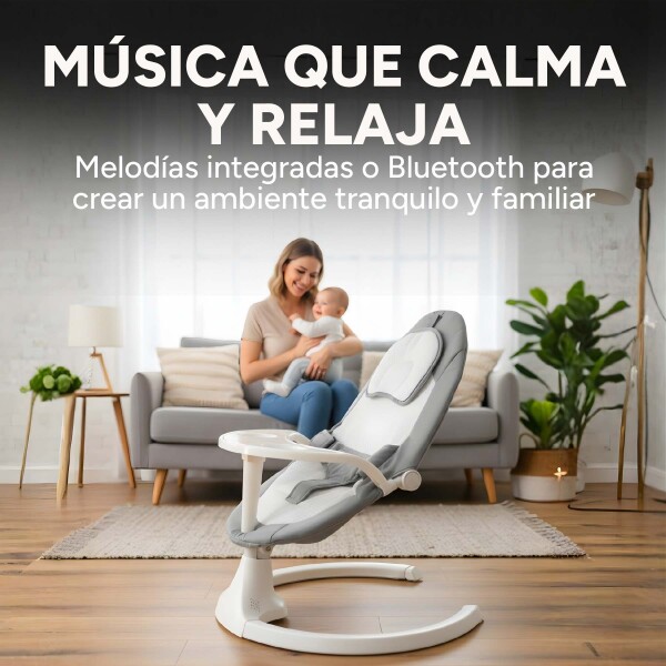 Silla Mecedora Bebé 5 Niveles Control Bluetooth Tul Mesita Gris