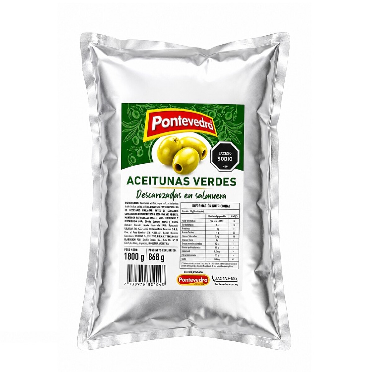 ACEITUNAS VERDES DESCAROZAD EN SALMUERA 1800 GRAMOS 