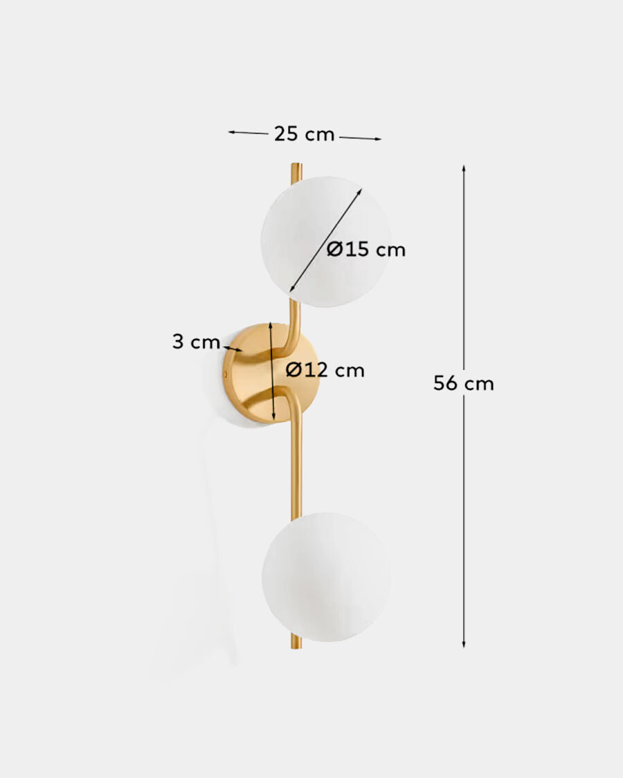 Aplique de pared Brisia de metal con acabado latón cepillado y 2 bolas de cristal glaseado Ø15 cm Aplique de pared Brisia de metal con acabado latón cepillado y 2 bolas de cristal glaseado Ø15 cm