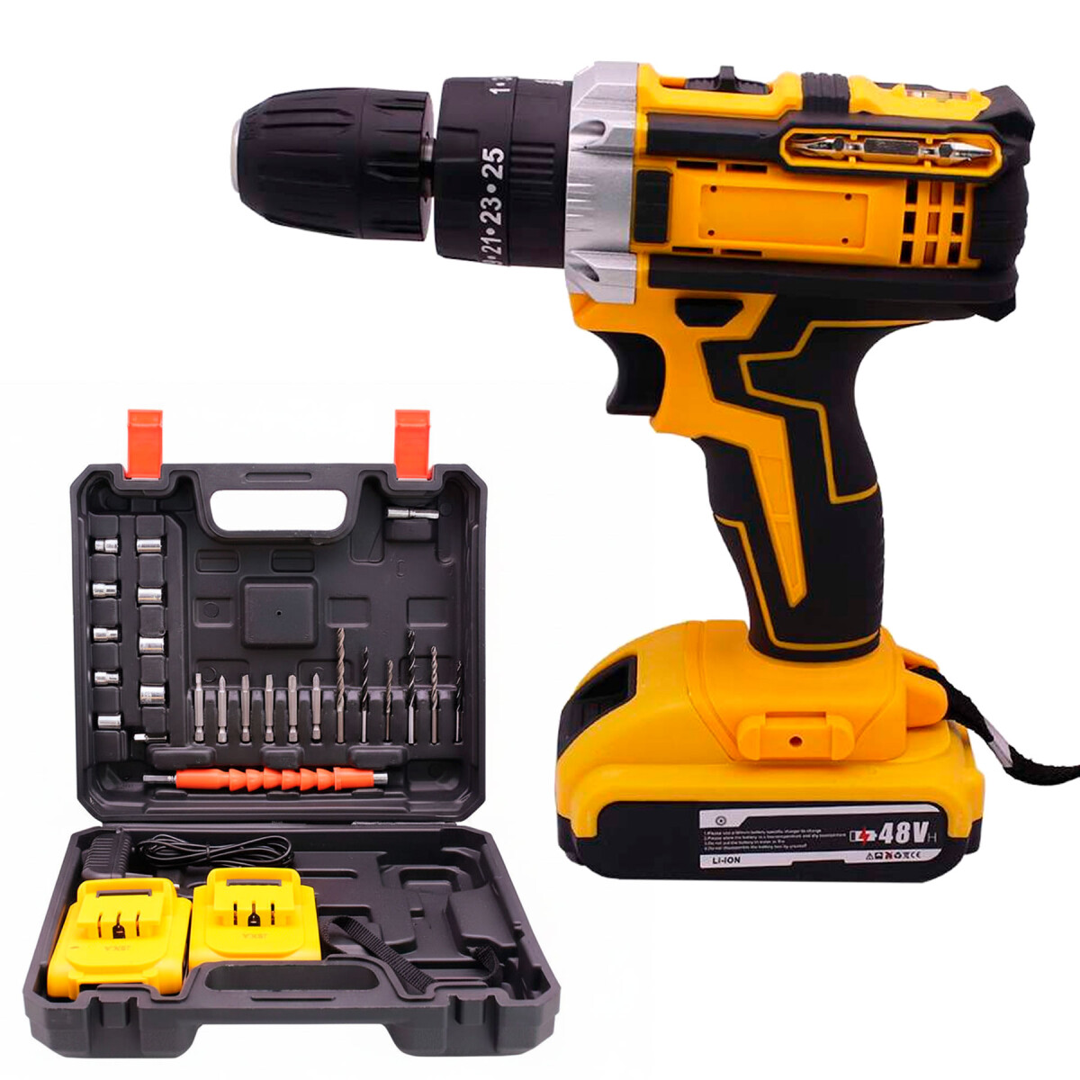Taladro Percutor Atornillador Inalámbrico + 2 Baterías + Acc - Color Amarillo Negro 