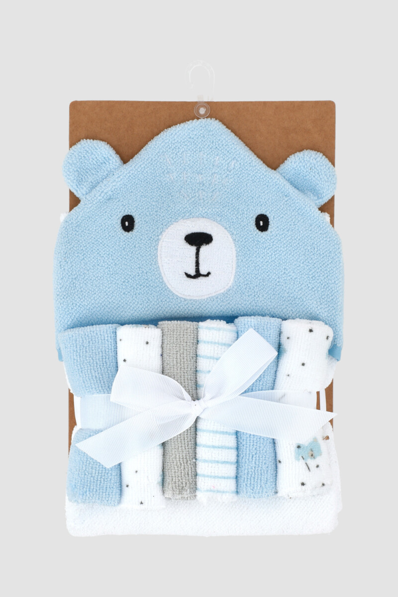 Toalla con capucha + 5 babitas bebe oso Celeste