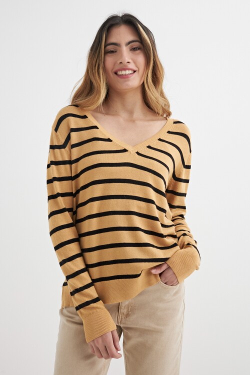 Sweater escote V rayas KHAKI