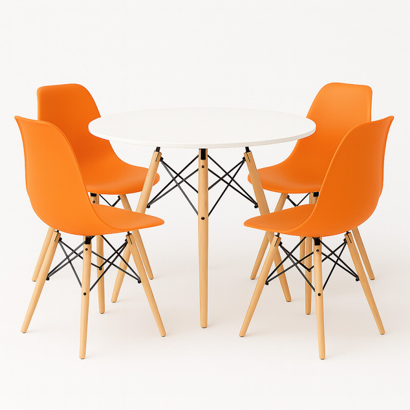 Juego de comedor Con Mesa Circular de 80cm + 4 Sillas Eames Naranja/Blanco