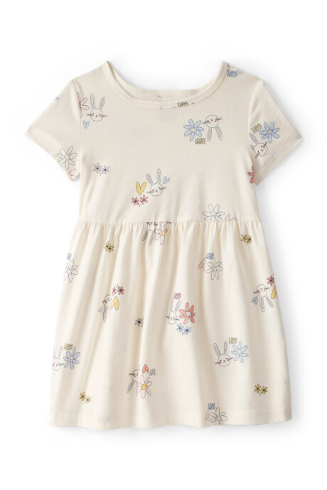 Vestido de algodón, manga corta, crema, diseño conejo de Pascua Vestido de algodón, manga corta, crema, diseño conejo de Pascua