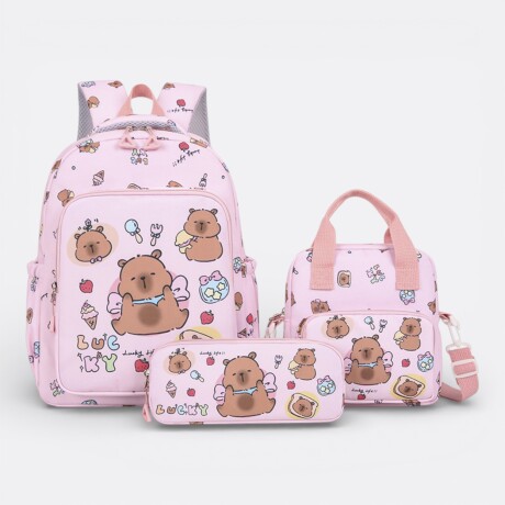 Kit Escolar Capibara Mochila + Cartuchera + Lonchera Rosa Claro