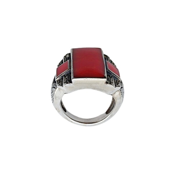 Anillo Rectangulo-Plata 925-Piedra Coral Rojo y Marquesita-AN4245 conpiedra