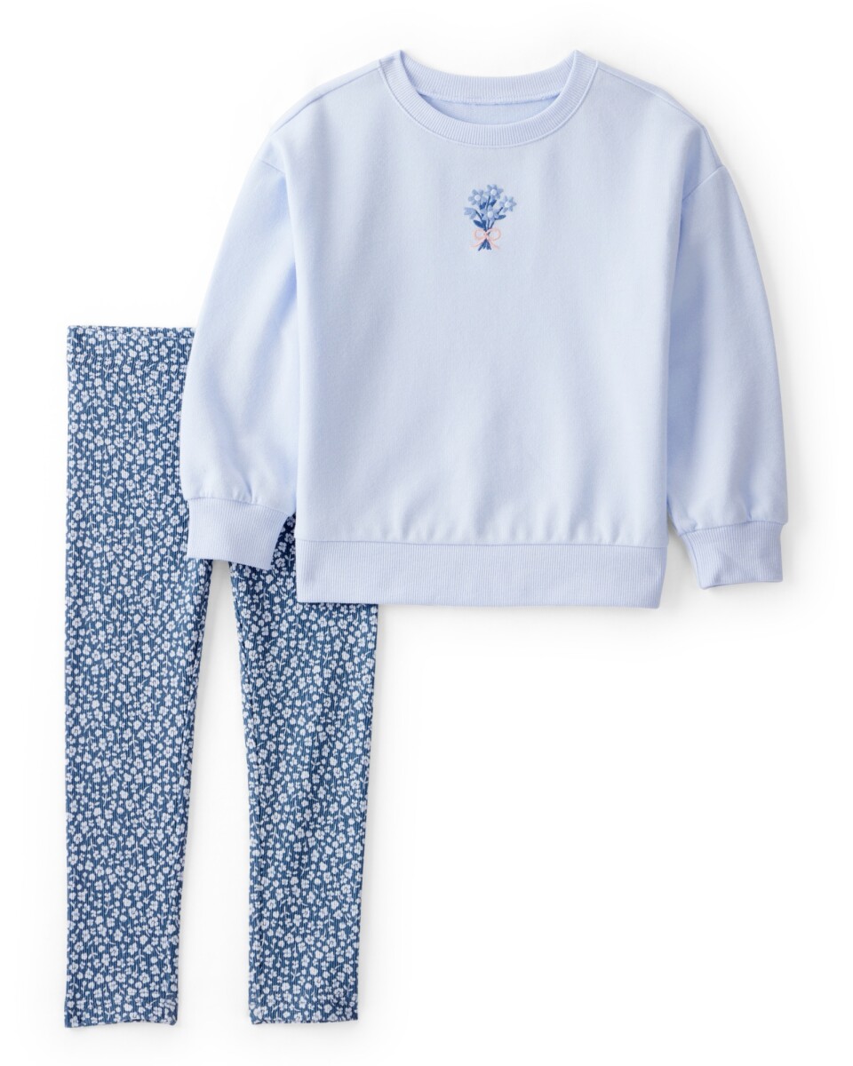 Set dos piezas de algodón, pantalón acanalado y buzo, azul, diseño floral. Talles 2-5T 