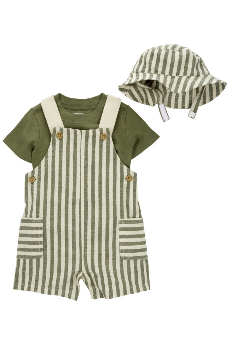 Set tres piezas, enterito corto y gorro de lino más remera de algodón Sin color