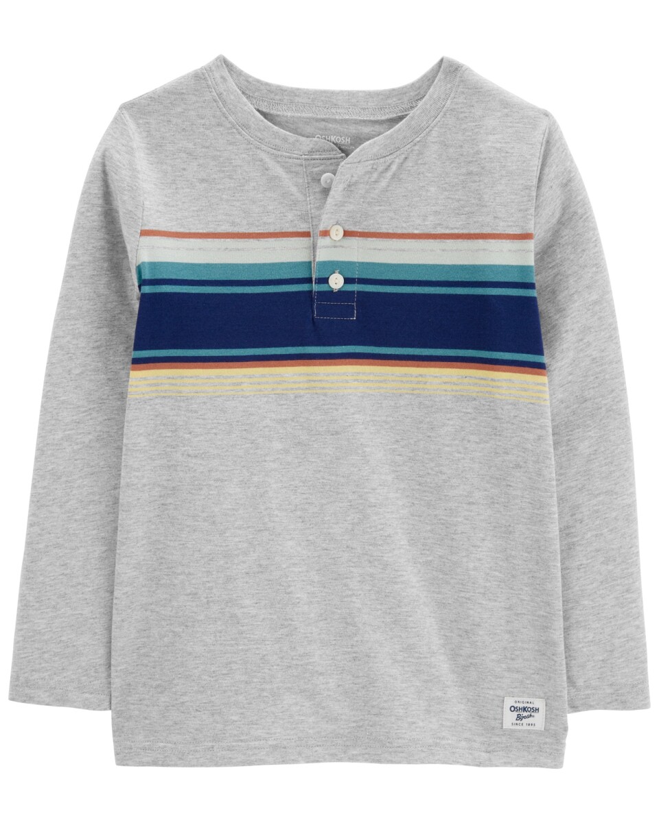 Remera henley de algodón, gris con franjas. Talles 6-14 