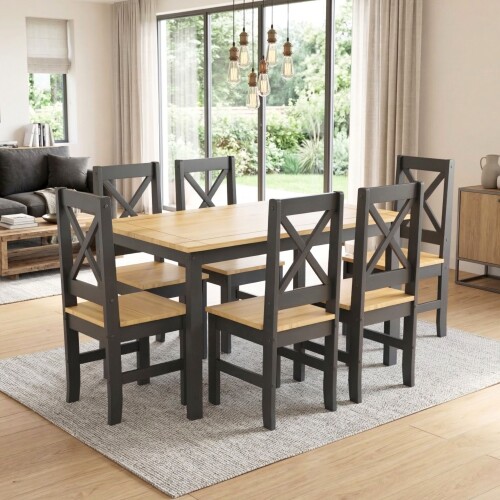 Juego de comedor 6 sillas - Madera maciza - Cruceta Negro