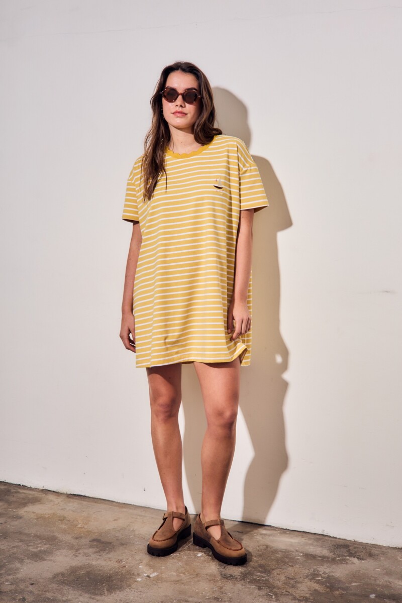 Vestido Manga Corta Rayado Amarillo
