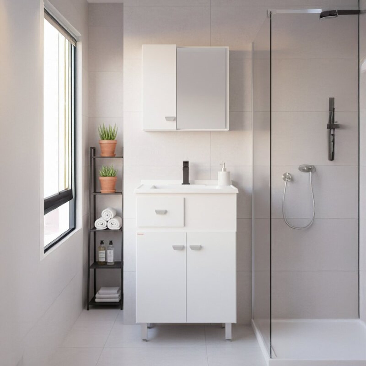 Mueble de Baño de Pie POP (56cm) | Set Blanco con Espejo y Lavatorio 