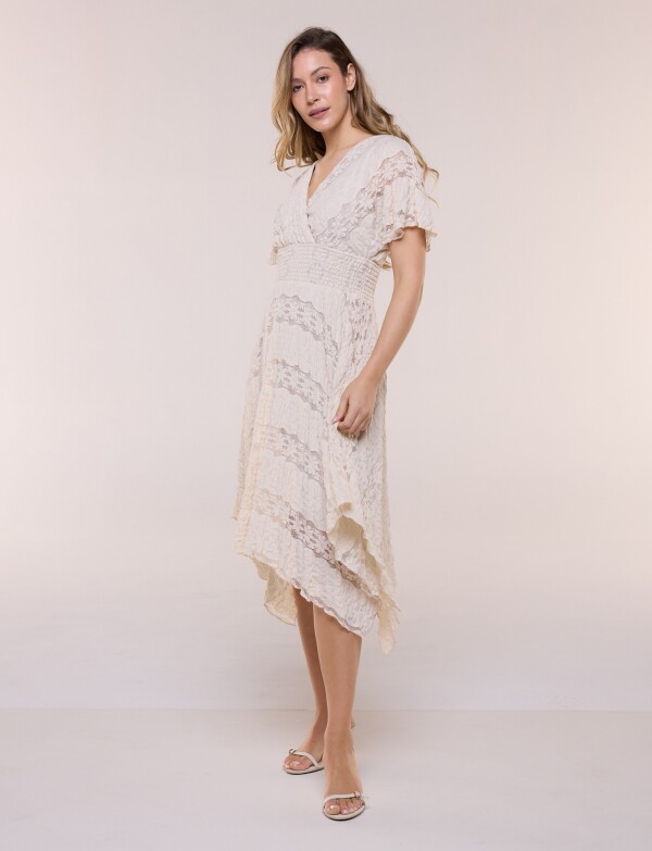 Vestido De Encaje Con Frunces BEIGE CLARO