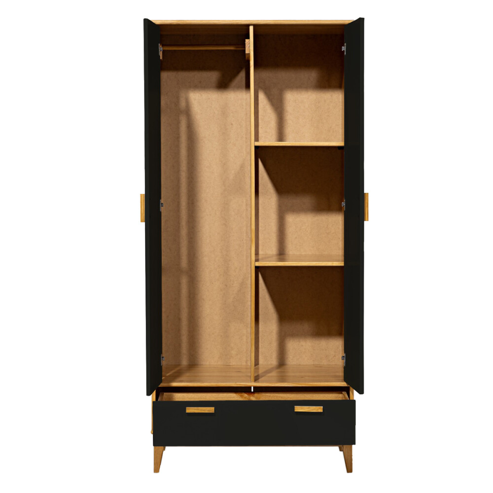 Ropero en madera maciza 2 puertas 1 cajón Negro