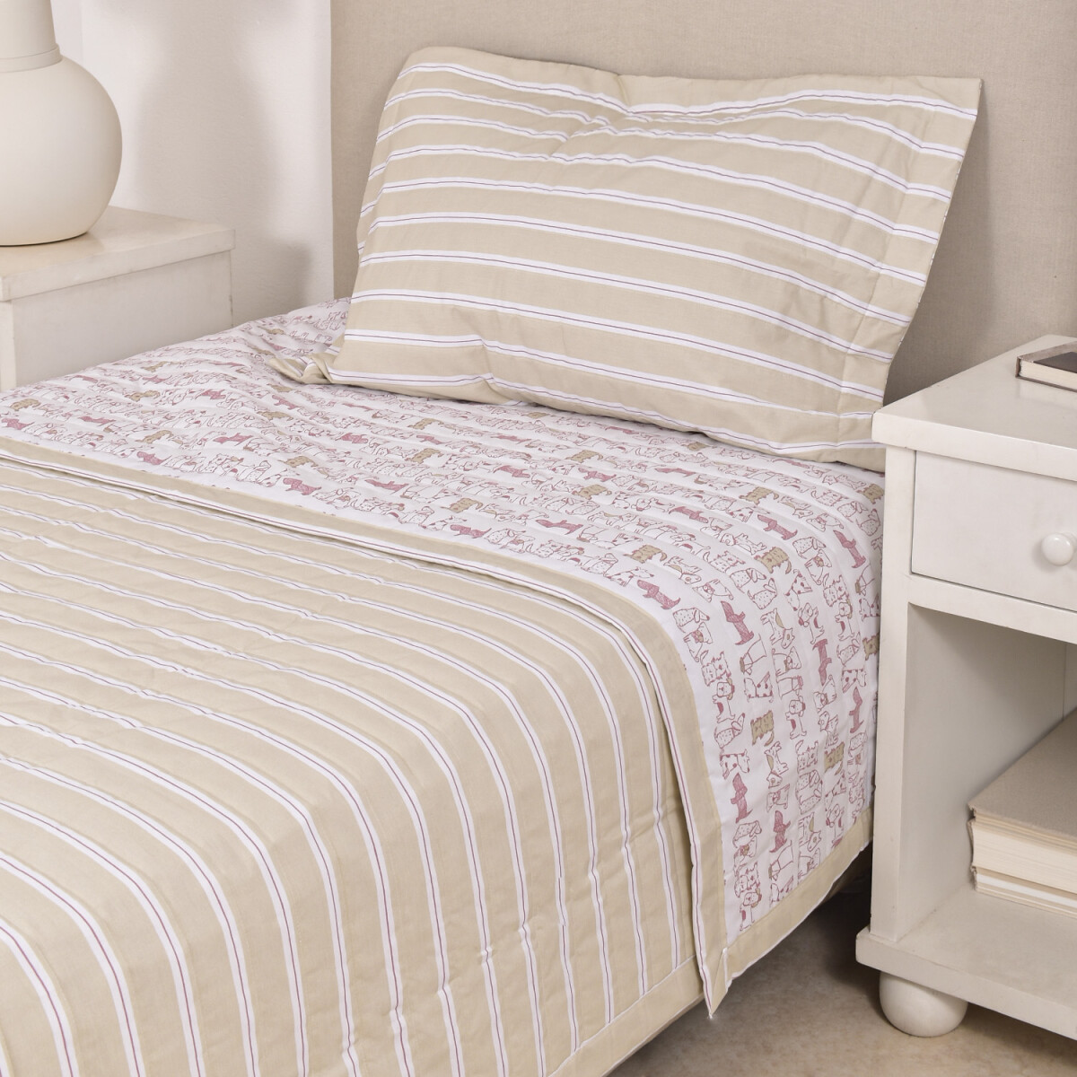 Cubrecama Col. Kids - Doggy Rosa Y Beige 