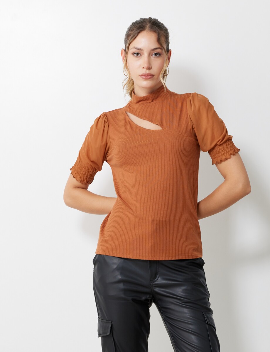 Blusa Ribs Manga Tul - Tostado 