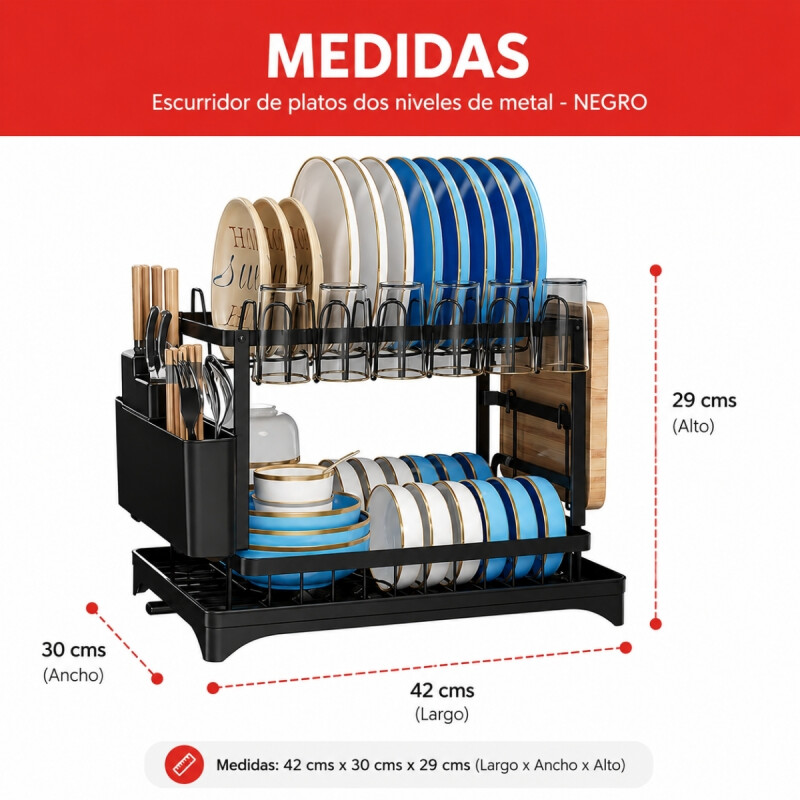 Escurridor de platos dos niveles de metal NEGRO