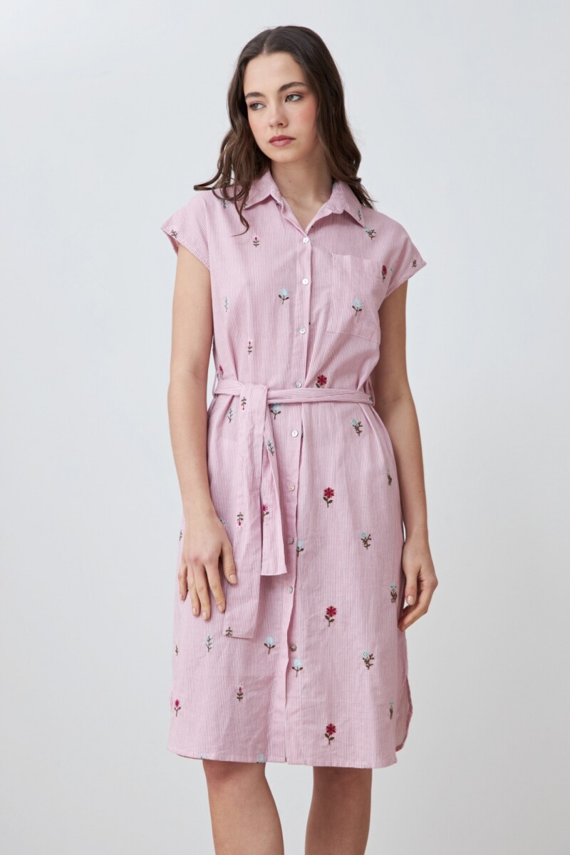 Vestido rayado con bordados florales rosa