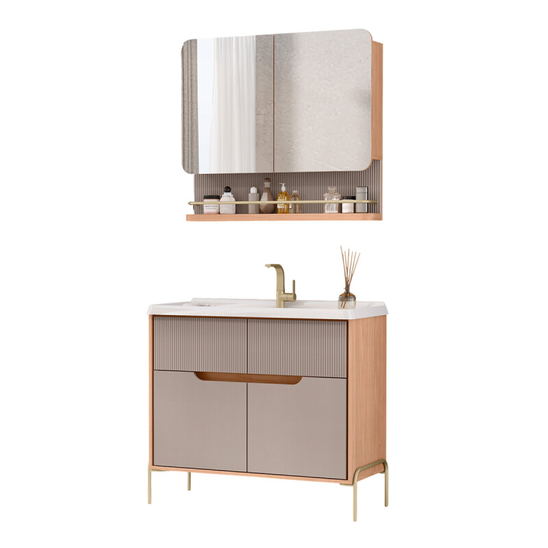 MUEBLE DE BAÑO LEBLON 80CM CON BOTIQUIN MADERA CON GRIS Mueble De Baño Leblon 80cm Con Botiquin Madera Con Gris