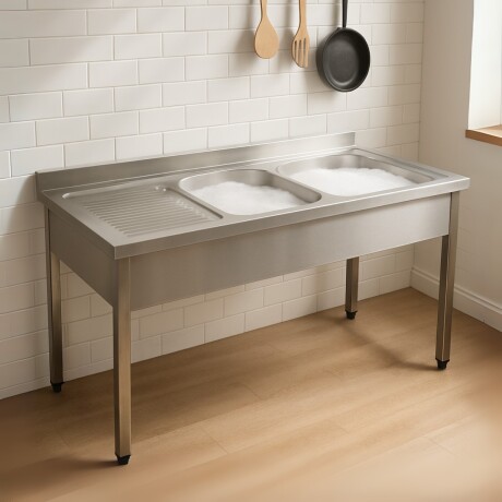 Mesada de Lavado con 2 Piletas a la Derecha de Acero Inoxidable 160 x 70 x 85 cm Mesada de Lavado con 2 Piletas a la Derecha de Acero Inoxidable 160 x 70 x 85 cm