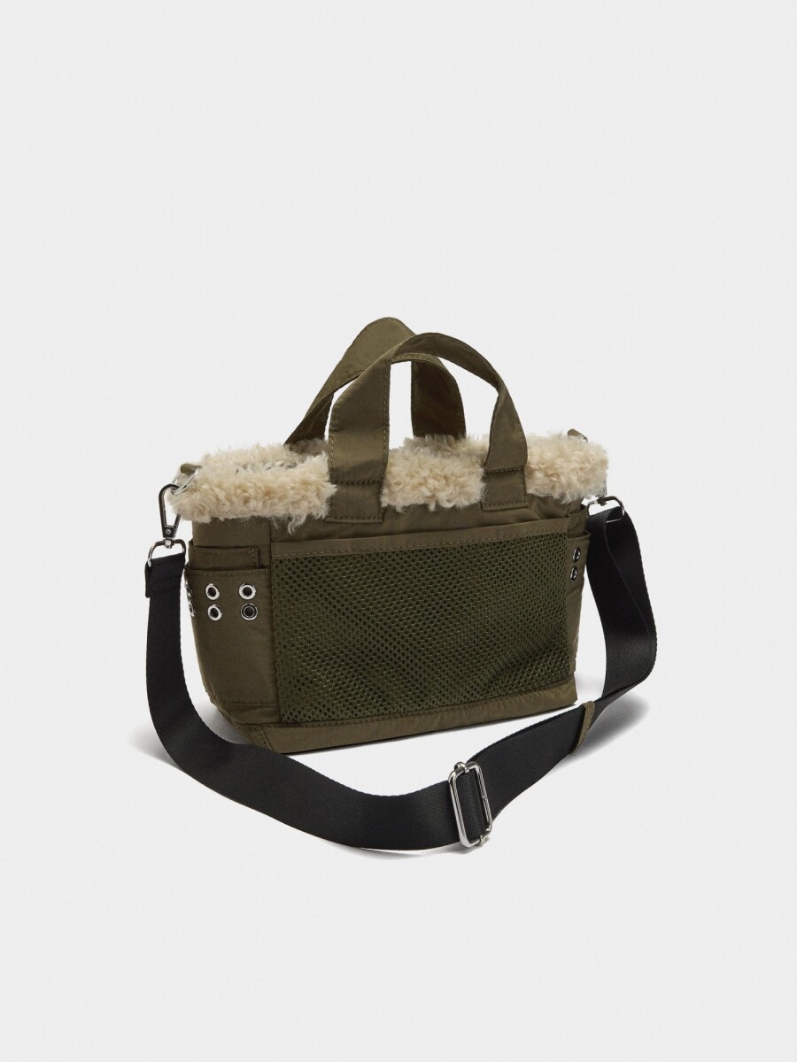 Bolso Tote De Nylon Borde Efecto Pelo caqui