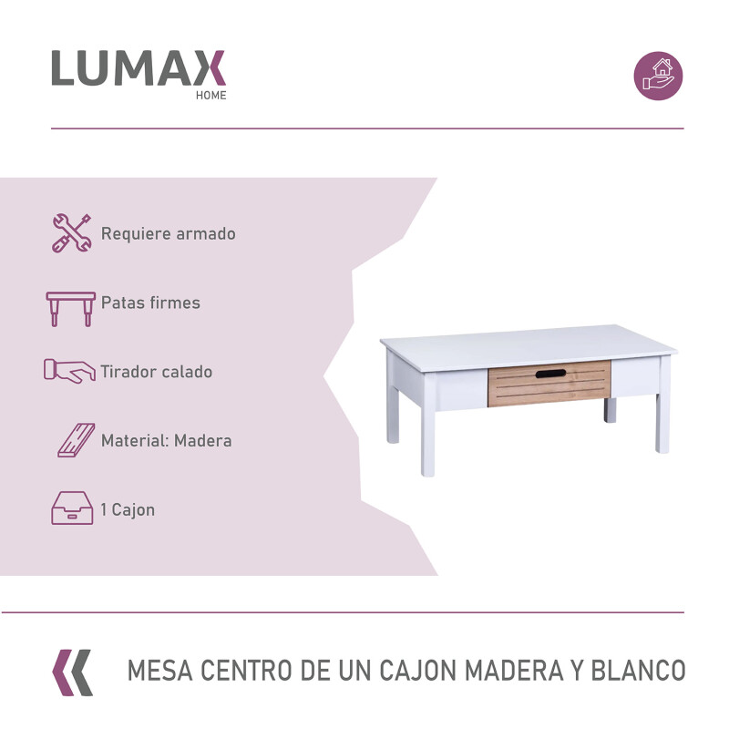 Mesa de centro Lumax de 1 cajón madera y blanco Mesa de centro Lumax de 1 cajón madera y blanco