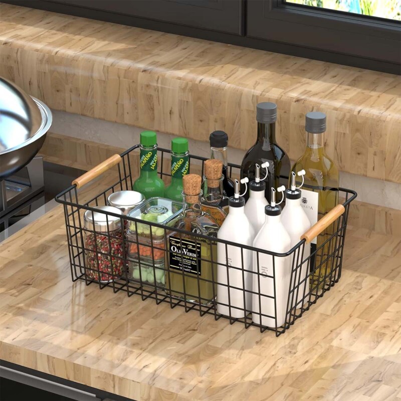 Set x2 Canasto organizador de metal asa de madera NEGRO