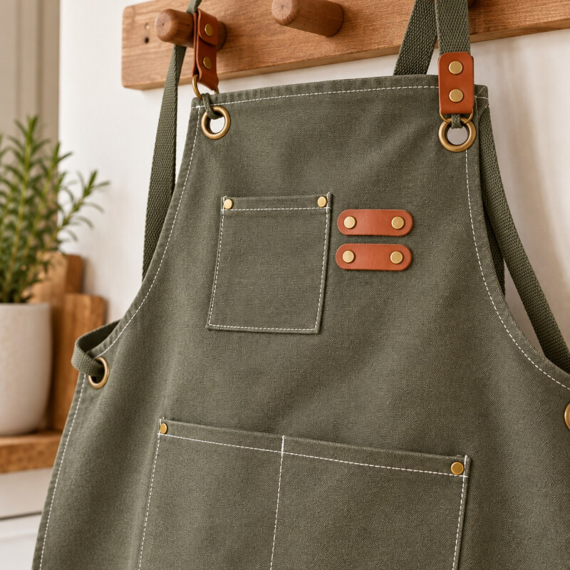 Delantal de Cocina en Tela Canvas con Bolsillos y Detalles en Eco Cuero Verde Oliva