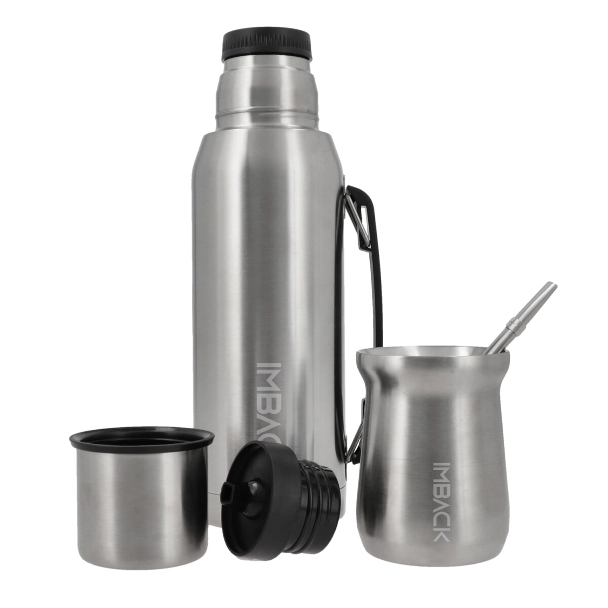 Termo 1 Litro Con Mate Acero Inoxidable Con 2 Picos Cebador Y Bombilla Imback Termico Doble Capa Plateado 