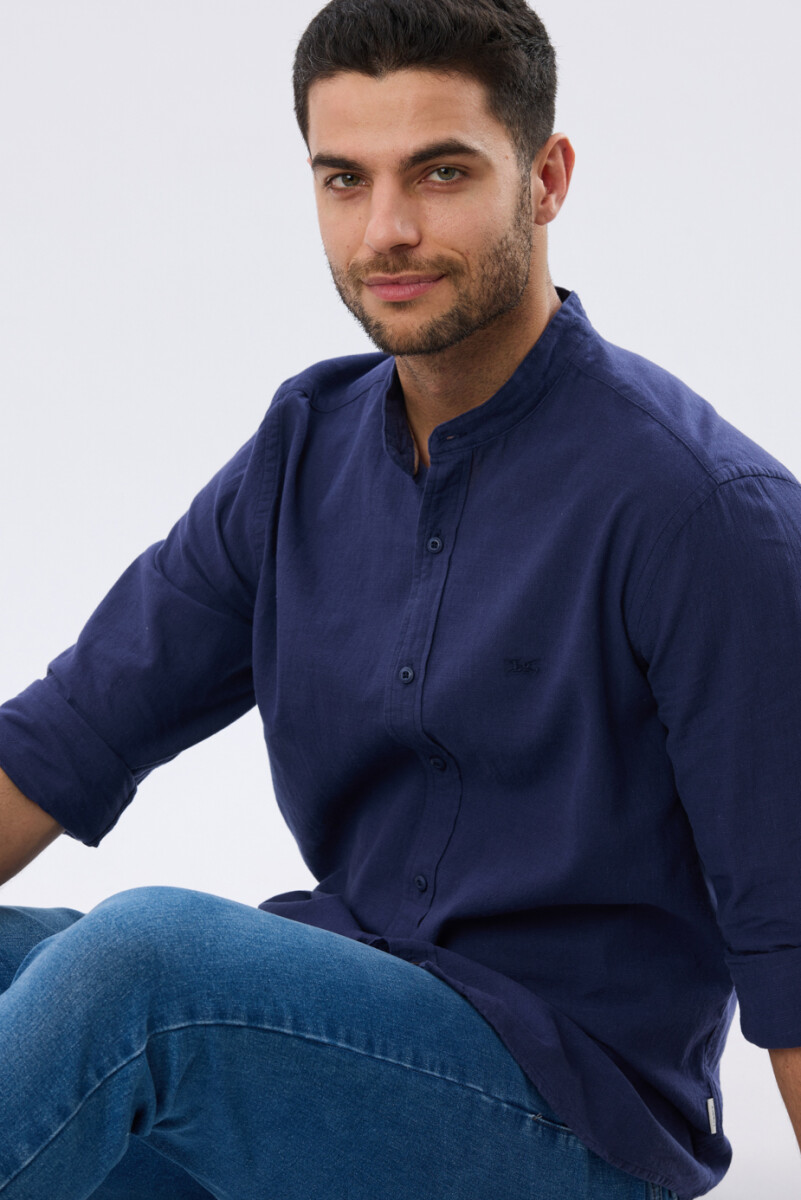 CAMISA LISA DE LINO CUELLO MAO - Azul 