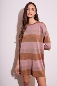 Vestido Tejido Rayado Lurex Rosa