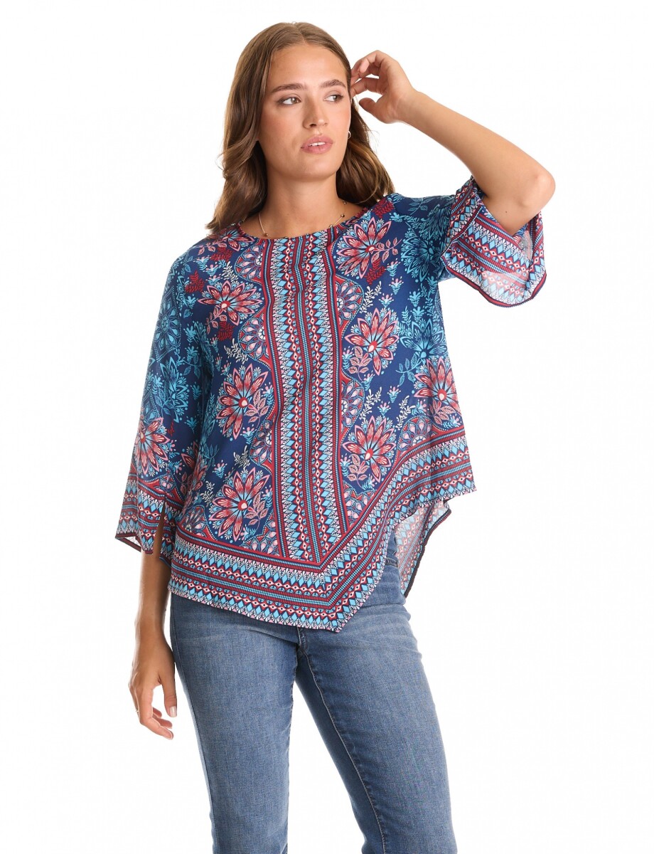 Blusa Gasa Flores - Azul/multi 
