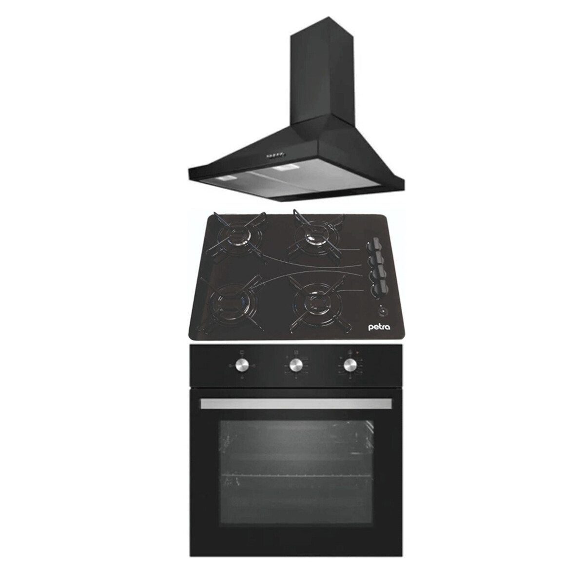 Conjunto Petra Horno Empotrar Eléctrico + Anafe Vidrio 4h + Campana Negra 