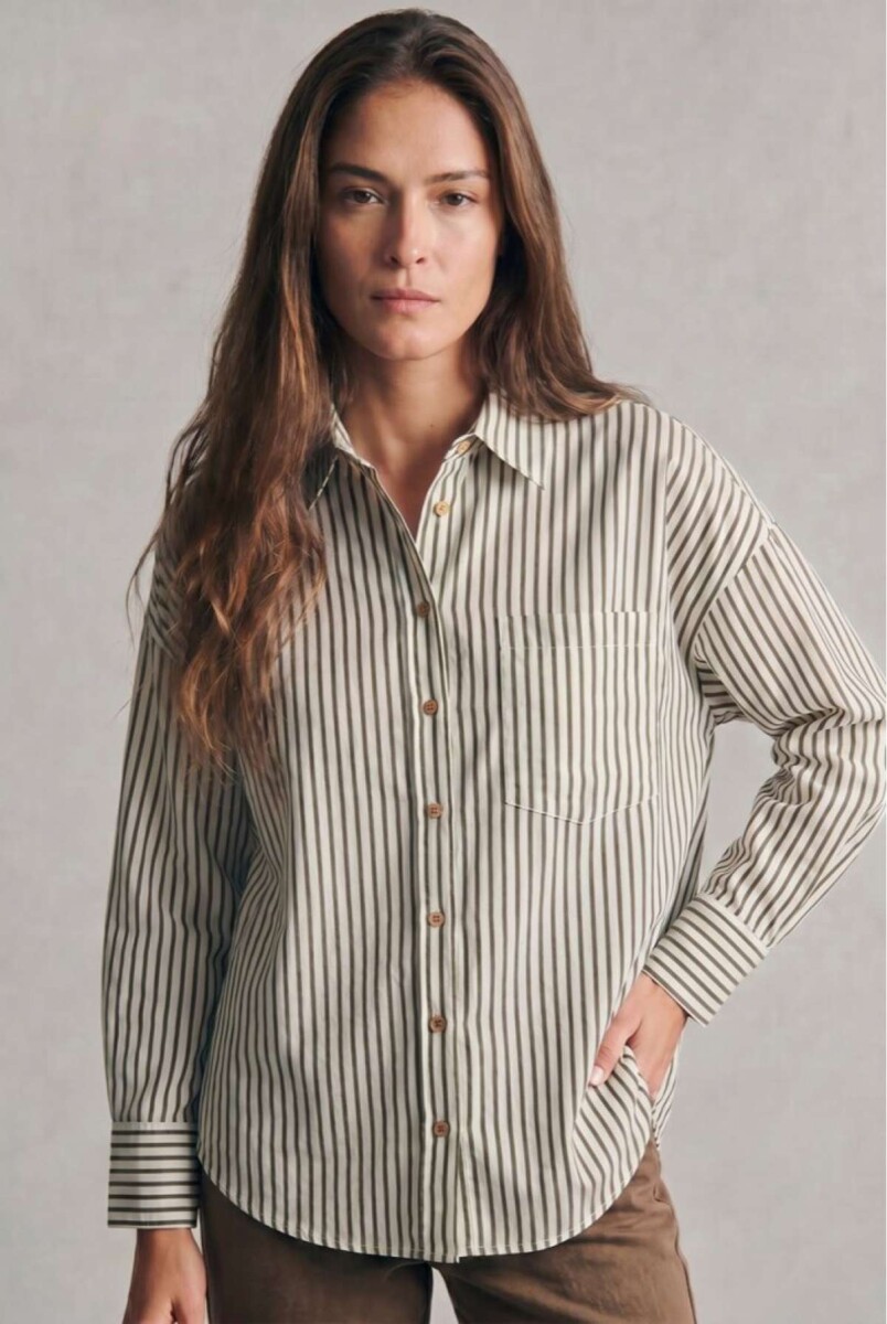 Camisa Rayada Con Lino - Oliva 